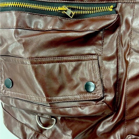 Faux Leather Moto Utility Vest Burgundy Zip Pocket Streetwear Grunge Biker Punk - Picture 5 of 7